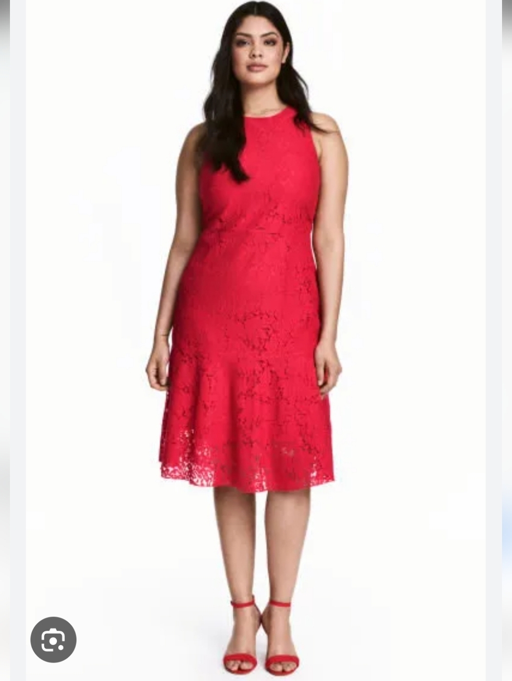 H&M Midi Dress Red Floral Lace Overlay Prom Party Flounce Zip Back Satin Lined 6